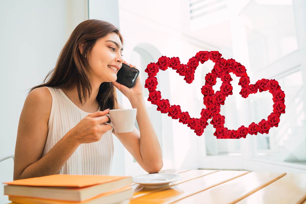 donna al telefono e cuori